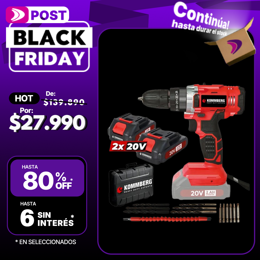 Taladro Percutor + 2 Baterias 20v Kommberg 13mm Maletin 2 Baterias, Cargador Y Accesorios Kb-tpb1020-2