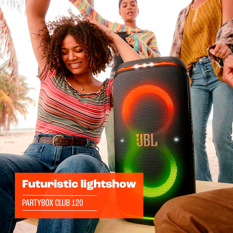 JBL Partybox Club 120, altavoz portátil para fiestas, asa plegable ergonómica, sonido JBL Pro, luces, 12 horas de batería, resistente a salpicaduras IPX4, color negro