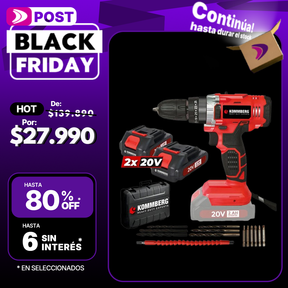 Taladro Percutor + 2 Baterias 20v Kommberg 13mm Maletin 2 Baterias, Cargador Y Accesorios Kb-tpb1020-2