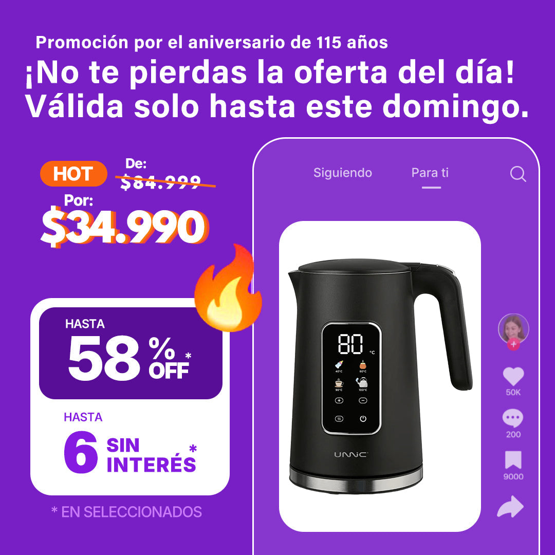 Pava Eléctrica Unnic Pantalla Digital Color Táctil Acero Inoxidable 1.7 L Temperatura Prestablecidas Ideal Para Mate Café Te Color Negro
