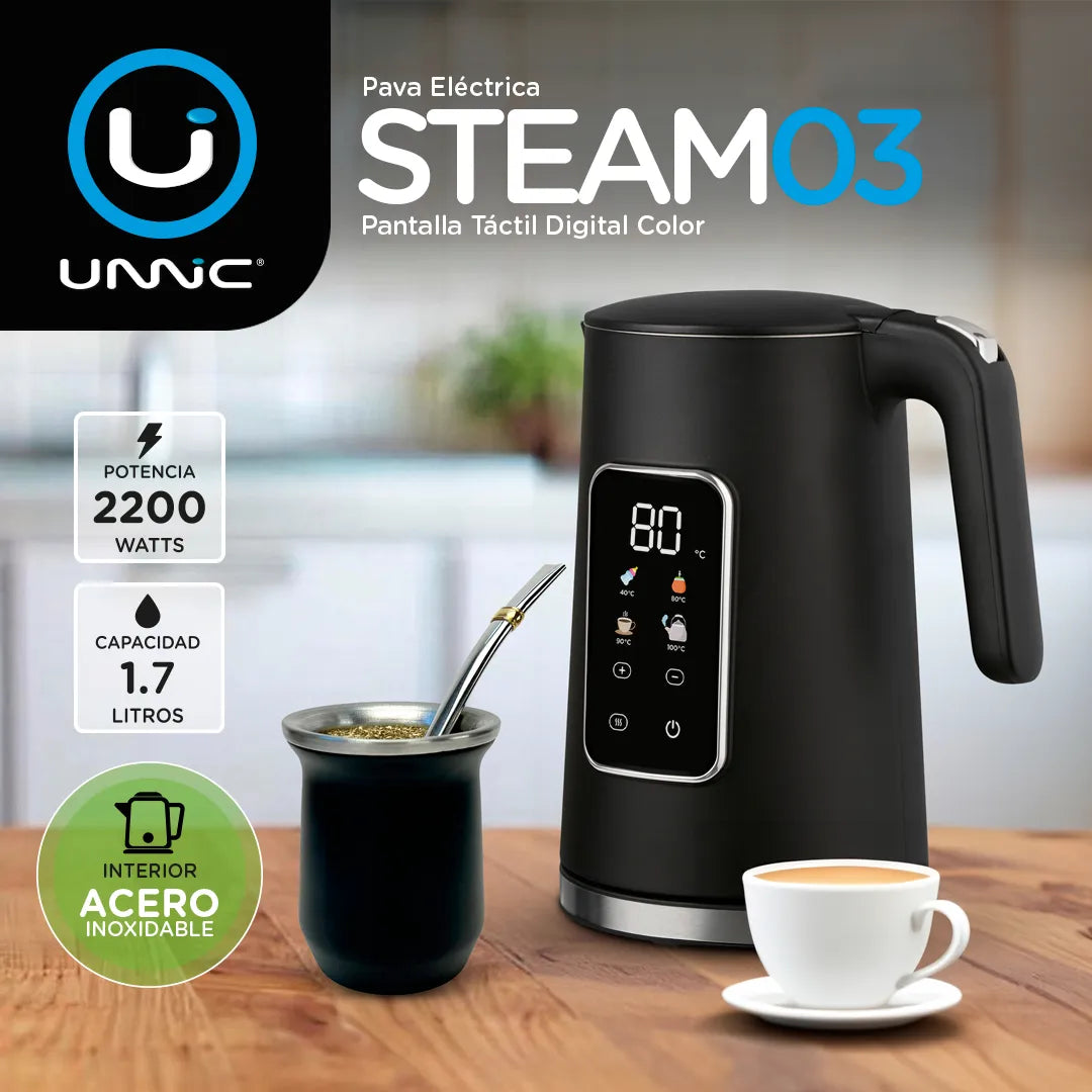 Pava Eléctrica Unnic Pantalla Digital Color Táctil Acero Inoxidable 1.7 L Temperatura Prestablecidas Ideal Para Mate Café Te Color Negro