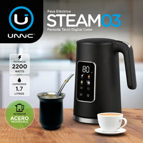 Pava Eléctrica Unnic Pantalla Digital Color Táctil Acero Inoxidable 1.7 L Temperatura Prestablecidas Ideal Para Mate Café Te Color Negro