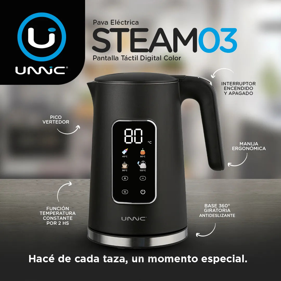 Pava Eléctrica Unnic Pantalla Digital Color Táctil Acero Inoxidable 1.7 L Temperatura Prestablecidas Ideal Para Mate Café Te Color Negro