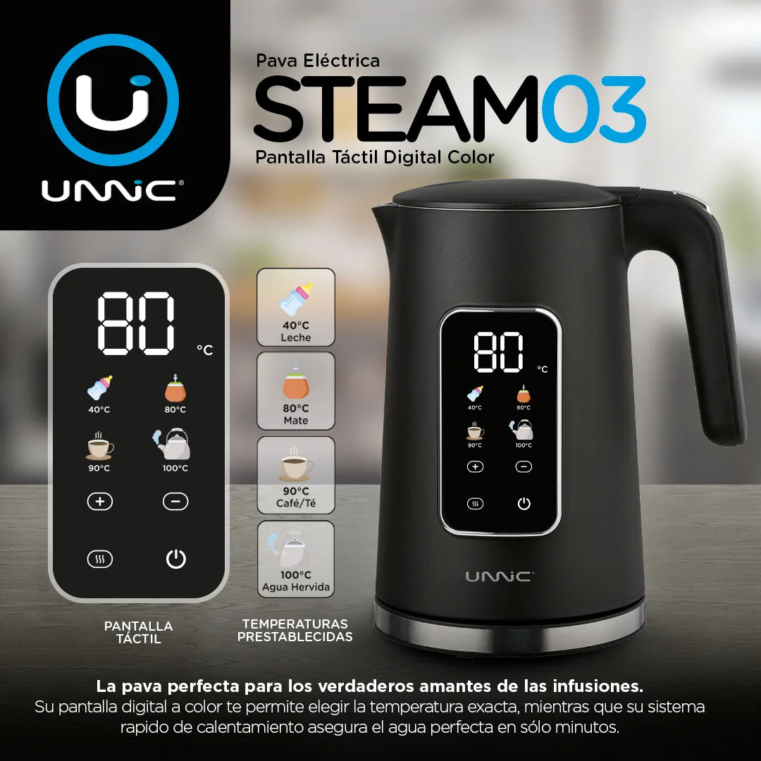 Pava Eléctrica Unnic Pantalla Digital Color Táctil Acero Inoxidable 1.7 L Temperatura Prestablecidas Ideal Para Mate Café Te Color Negro