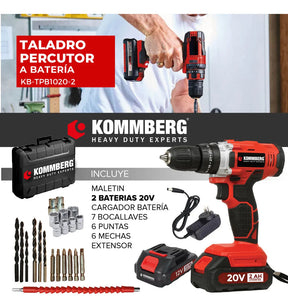 Taladro Percutor + 2 Baterias 20v Kommberg 13mm Maletin 2 Baterias, Cargador Y Accesorios Kb-tpb1020-2